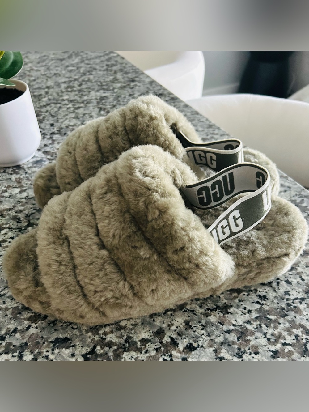 UGG Plush Shearling Slide Slipper sandals in Olive/taupe